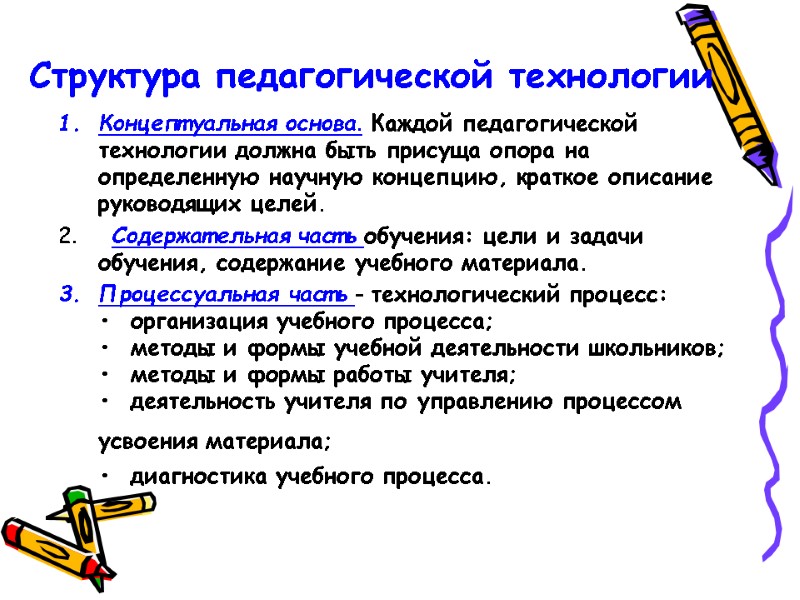 Структура педагогической технологии Концептуальная основа. Каждой педагогической технологии должна быть присуща опора на определенную